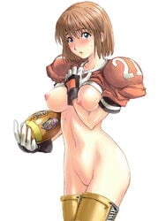 1girls anezaki_mamori ball blue_eyes blush bottomless breasts brown_hair clothes_writing clothing_writing eyeshield_21 female football_(american) konkitto large_breasts no_panties short_hair solo sports_uniform sportswear uncensored