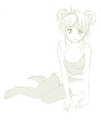 aeru arm_support camisole double_bun monochrome panties simoun sitting solo thighhighs underwear