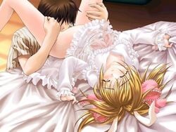 bed bed_sheet bedsheets blonde_hair blush bow closed_eyes cunnilingus dress game_cg hairbow ichigo_mark jpeg_artifacts kosu_para_~happy_costume_paradise~ ooki_itsuri oral sheet_grab sheets short_hair solo white_dress wince