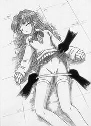 closed_eyes monochrome morino_ichigo onegai_teacher panties panty_pull skirt skirt_lift sleeping solo thighhighs unconscious underwear