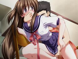 bent_over blush brown_hair censored covering_mouth fingering game_cg hand_over_another's_mouth kazami_haruki long_hair nozaki_mai osananajimi_na_kanojo rape school_uniform schoolgirl serafuku solo sweat