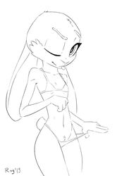 2019 anthro bra cheek_tuft disney ears_down facial_tuft female flat_chest fur hi_res judy_hopps lagomorph leporid mammal monochrome one_eye_closed panties pivoted_ears qrog rabbit simple_background solo standing tongue tongue_out tuft underwear underwear_pull white_background zootopia