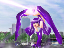 1girls arched_back beam black_eyes bus car censored contortion dynagirl flexible fuchida_kyou giantess gloves goofy_ahh kaiju laser long_hair motor_vehicle open_mouth original parody photo_background pointless_censoring purple_hair pussy solo spread_pussy thighhighs thighs vehicle weaponized_vagina what