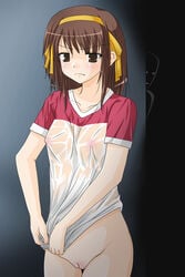 akatuki_(yamina) bottomless brown_hair female female_only human imminent_rape nipples pointy_chin pussy short_hair silhouette solo suzumiya_haruhi suzumiya_haruhi_no_yuuutsu tri-k_soft wet