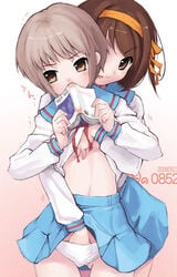 2girls :p breasts brown_hair color female female_only fingering grope hairband hand_in_another's_panties hand_in_panties human imminent_rape kei_jiei miniskirt multiple_girls nagato_yuki no_bra panties school_uniform serafuku shirt_lift short_hair skirt skirt_lift small_breasts standing suzumiya_haruhi suzumiya_haruhi_no_yuuutsu tongue trembling underboob underwear white_panties yuri