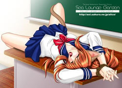 animal_ears arms_up bondage cat_ears classroom desk glasses lying_on_desk missionary_position on_back on_desk red_hair school school_uniform sea_lounge_garden serafuku tail tomoya_kankurou