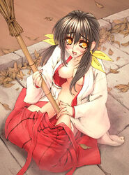 broom crotch_rub hakama japanese_clothes masturbation miko open_clothes open_shirt shirt