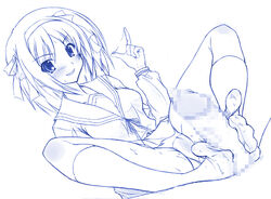 blush censored dutch_angle feet female footjob footwear hair_ribbon hairband human male monochrome naturalton panchira panchira_(sitting) panties pantyshot pantyshot_(sitting) pantyshot_sitting penis ribbon school_uniform seifuku serafuku sitting socks spread_legs straight suzumiya_haruhi suzumiya_haruhi_no_yuuutsu toes trefoil underwear