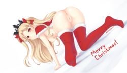 all_fours ambiguous_background anus artist_name ass bell blonde_hair blush breasts capelet christmas christmas_outfit decensored dutch_angle ereshkigal_(fate) fate/grand_order fate_(series) female female_only full_body fur_trim hair_bell hair_ornament long_hair looking_at_viewer looking_back medium_breasts merry_christmas nipples no_shoes pussy red_capelet red_eyes red_legwear rikorin solo thighhighs third-party_edit tiara tohsaka_rin two_side_up uncensored vagina