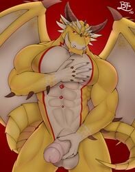 abs anthro balls battaph biceps big_penis dragon genitals hi_res horn humanoid_hands invalid_tag looking_at_viewer male male_only muscular muscular_male ophion pecs penis simple_background solo tokyo_afterschool_summoners video_games wings yellow_body