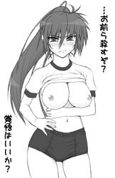 1girls breasts buruma female gym_uniform lyrical_nanoha mahou_shoujo_lyrical_nanoha mahou_shoujo_lyrical_nanoha_a's monochrome nipples shichimenchou shirt_lift signum solo