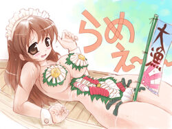 akiyoshi_yoshiaki asahina_mikuru blush breasts brown_eyes brown_hair female female_only food huge_breasts human large_breasts nude nyotaimori solo sushi suzumiya_haruhi_no_yuuutsu