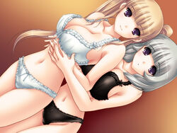 2girls black_bra black_panties blonde_hair blush bow bow_bra bow_panties bra dutch_angle fecchi_2:_omote_no_kioku female fetish_2:_omote_no_kioku frilled_bra frilled_panties frills game_cg hug kai_haruka kai_makoto kinmedai_pink lingerie multiple_girls panties purple_eyes silver_hair standing tied_hair twintails underwear underwear_only white_bra white_panties yuri