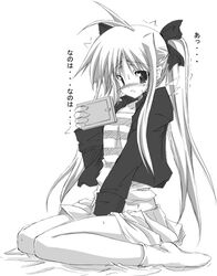 fate_testarossa footwear long_hair lyrical_nanoha mahou_shoujo_lyrical_nanoha masturbation monochrome s_e_n sen_(astronomy) skirt socks solo text tied_hair translated twintails very_long_hair