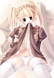 apron bow bow_panties brown_dress dress dress_lift headdress highres kafra maid panties ragnarok_online skirt skirt_lift solo thighhighs tied_hair twintails underwear white_legwear white_panties white_thighhighs