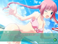 beach bikini blue_eyes game_cg hitachi_kokona nanairo_kanata pink_hair solo swimsuit taguchi_makoto text tied_hair translation_request twintails visual_novel wink