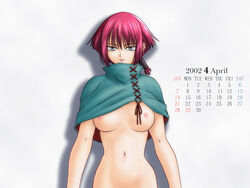 1girls 2002 blue_eyes breasts calendar_(medium) cape chloe_(noir) female naked_cape nipples noir_(anime) nude purple_hair short_hair solo white_background