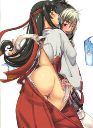 2girls ass black_hair catfight dat_ass echidna echidna_(queen's_blade) eiwa f.s. female fire from_behind hakama headband highres japanese_clothes lipstick looking_back makeup miko multicolored_hair multiple_girls naughty_face no_panties ofuda open_mouth photoshop ponytail purple_eyes pussy queen's_blade red_eyes silver_hair snake sword tearing_clothes thigh_gap thighs tied_hair tomoe torn_clothes two_tone_hair uncensored wardrobe_malfunction weapon yuri