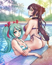 2girls ass bikini breasts crossover female female_only genshin_impact gravey_draws hatsune_miku mona_(genshin_impact) pool striped_bikini tagme twintails vocaloid