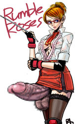 2d 2d_(artwork) balls big_balls blank_background blonde_futa blonde_hair blonde_hair_futa censored dominatrix futa_teacher futanari glasses intersex konami large_penis mature milf miss_spencer muriel_spencer penis rumble_roses skirt teacher testicles video_game_character video_game_franchise white_background