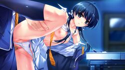 blue_eyes blue_hair bra bra_lift breasts censored has_uncensored_version hasekura_airi kneehighs leg_lift lingerie misaki_kurehito navel nipples panties panties_aside pussy school_uniform sex socks tied_hair twintails underwear ushinawareta_mirai_wo_motomete virgin white_panties