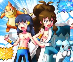 2girls angry blue_eyes blue_hair blush breasts brown_hair brycen_(cosplay) brycen_(pokemon)_(cosplay) buizel cosplay crasher_wake_(cosplay) cubchoo darkshadow dawn_(pokemon) female flat_chest gym_leader gym_leader_(cosplay) hilda_(pokemon) human multiple_girls open_mouth pokemon pokemon_bw pokemon_dppt rorretsim small_breasts topless