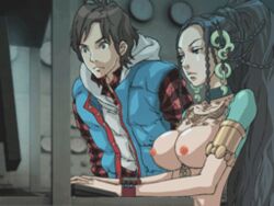 999 black_hair breasts breasts_out huge_breasts jewelry junpei_(zero_escape) junpei_tenmyouji long_hair lotus_(zero_escape) necklace nine_hours_nine_persons_nine_doors nipples third-party_edit zero_escape