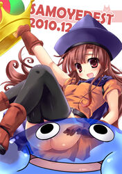 alena_(dq4) alternate_legwear ass bankoku_ayuya brown_hair censored clothing convenient_censoring dragon_quest dragon_quest_iv latex long_hair no_panties panties red_eyes slime slime_(dragon_quest) slime_monster small_breasts stockings thighhighs