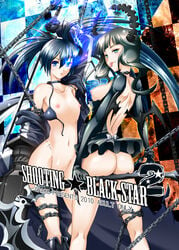 bikini_top black_hair black_rock_shooter black_rock_shooter_(character) blue_eyes breasts chains checkered choker dead_master flat_chest glowing glowing_eyes green_eyes horns long_hair navel nipples scar tied_hair twintails weapon wings yokoyama_naoki