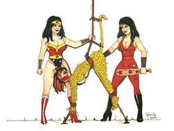 2009 3girls big_breasts bondage cheetah_(dc) dc dc_comics deborah_domaine donna_troy female female_only femdom fisting fully_clothed gag gagged high_heel_boots imminent_spanking john_cox knee_boots multiple_girls paddle rope_bondage suspended tape_gag tiara tied_down wonder_woman wonder_woman_(series)