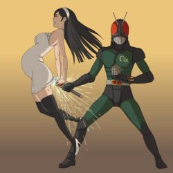 1boy 1girls arched_back artist_request bent_backwards black_hair black_legwear blush breasts clenched_teeth closed_eyes clothing crossover dress energy_sword female gradient gradient_background grin heels high_heels highres insertion kamen_rider kamen_rider_black_rx kamen_rider_black_rx_(series) kancho kumashiro_maya large_insertion legs long_hair looking_at_viewer masked_male minami_koutarou object_insertion occult_academy pregnant revolcane seikimatsu_occult_gakuin shoes simple_background skindentation sparks standing suspended_via_penetration sweat sword thighhighs weapon weapon_penetration what white_dress white_shoes wince