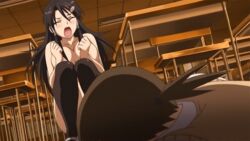 1boy 1girls animated black_hair blood breasts censored classroom clothed_male_nude_female clothing embarrassed female hhh_triple_ecchi human large_breasts long_hair male nipples nosebleed nude pubic_hair pussy school_desk stockings surprised takashima_shigure teenager