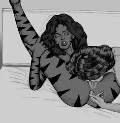 2girls anal anal_fingering avengers breasts cunnilingus des_manders female female_only janet_van_dyne licking_pussy marvel marvel_comics monochrome nipples pussy tigra yuri