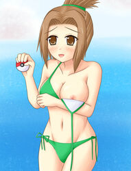 1girls 2010 2010s blush breasts brown_eyes brown_hair clothes color female female_focus female_only front_view hair holding human light-skinned_female light_skin nintendo nipples npc_trainer poke_ball pokemon pokemon_bw sole_female solo solo_female solo_focus standing swimmer_(pokemon) swimmer_(pokemon_bw)