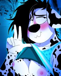 anthro black_fur black_hair blush breasts canine crop_top dalmatian domestic_dog furry janet_(trashdalmatian) peace_sign pink_nipples presenting_breasts selfie shirt_lift short_hair trashdalmatian white_fur white_sclera