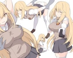 +_+ ass bangs bent_over blonde_hair blush breast_grab breasts brown_eyes controller elbow_gloves female gloves grabbing grey_skirt large_breasts long_hair looking_at_viewer multiple_views one_eye_closed open_mouth panties remote_control school_uniform schoolgirl shirt shiseki_hirame shokuhou_misaki short_sleeves skirt smile sweater_vest symbol-shaped_pupils teenage_girl teenager thighhighs thighs to_aru_kagaku_no_railgun to_aru_majutsu_no_index tokiwadai_school_uniform underwear white_background white_gloves white_legwear white_panties white_shirt young