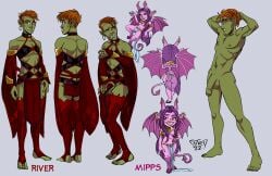 absurd_res clothed clothing collar crossdressing duo facial_piercing female flaccid genitals girly half-orc hi_res hooves horn humanoid imp male mister_d model_sheet nipple_piercing nipple_ring nipples nose_piercing nude orc orc_femboy penis piercing pink_body pink_skin skimpy spade_tail stirrup_stockings tusks wings