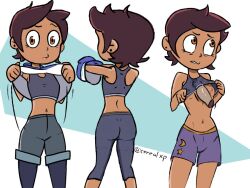 brown_eyes brown_hair cereal_lechuga curious disgusted_look disney disney_channel luz_noceda mammary_intercourse navel nipples paizuri shirt_lift shirt_lifted_by_self short_hair shorts smooth_skin sports_bra stripping teenage_girl the_owl_house titjob