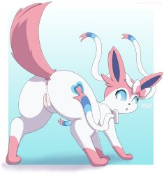 anus artmarshmallow eeveelution female feral genitals hi_res humanoid_genitalia humanoid_pussy looking_at_viewer looking_back looking_back_at_viewer mammal nintendo pokémon_(species) pokemon pokemon_(species) pussy quadruped raised_tail rear_view simple_background solo sylveon text video_games