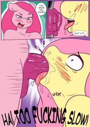 anthro blue_eyes blush comic deepthroat english_text face_fucking fellatio fluttershy_(mlp) furry futanari horsecock horsecock_futanari my_little_pony pink_hair pinkie_pie_(mlp) saliva saliva_on_face speech_bubble spunkubus straight_hair teasing throat_bulge