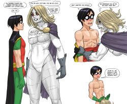 1boy 1girls assertive assertive_female bizarro black_sclera blonde_female boob_window bulge comic_page creepy_smile dc dc_comics dialogue domino_mask femdom flick grin hetero imminent_sex implied_fellatio interspecies large_breasts larger_female male monster_girl older_female oral power_girl red_eyes robin_(dc) robin_(tim_drake) shorter_male size_difference smaller_male straight superhero superheroine taller_female tim_drake underboob underboob_cutout underboob_shirt younger_male