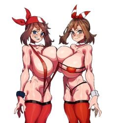 2022 2girls alternate_breast_size bandana barely_contained blue_eyes blush breast_press breast_to_breast breasts brown_eyes brown_hair commission embarrassed eyepatch_bikini female female_only hips huge_breasts long_hair makinakid may_(pokemon) may_(pokemon_oras) may_(pokemon_rs) naughty_face nintendo pokemon pokemon_oras pokemon_rse red_bandana red_bikini red_ribbon ribbon ribbon_in_hair selfcest simple_background slim_waist sling_bikini smile thick_thighs white_background wide_hips