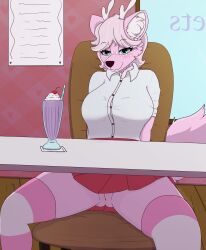 anthro antlers artmarshmallow bottomwear canid canine cervid clothed clothing female footwear fox freckles fur furry furry_only genitals hi_res horn hybrid legwear looking_at_viewer mammal marshmallow_fluff_(character) milkshake neck_tuft no_panties pattern_clothing pink_body pink_fur presenting presenting_pussy public pussy sitting skirt smug_grin socks solo spread_legs spreading stockings striped_clothing stripes tail tuft upskirt