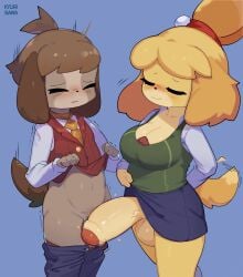 2022 absurd_res animal_crossing anthro attribute_theft balls bottomwear bottomwear_down breasts brother brother_and_sister canid canine canis cleavage clothed clothing digby_(animal_crossing) digital_media_(artwork) domestic_dog duo emanata foreskin ftg_crossgender fti_crossgender futa_is_bigger futanari genitals gynomorph hi_res honeycalamari humanoid_genitalia humanoid_penis intersex isabelle_(animal_crossing) male mammal nintendo open_mouth opposite_sex_twins pants pants_down partially_clothed penis penis_awe penis_size_difference shih_tzu sibling simple_background sister sister_is_bigger straight toy_dog video_games