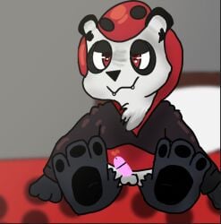 alpha_jay_(character) anthro balls bed bedroom bedroom_eyes black_and_white_fur clothing feet foot_fetish foot_focus furniture genitals giant_panda hindpaw hoodie leathan male mammal narrowed_eyes paws penis seductive solo topwear ursid