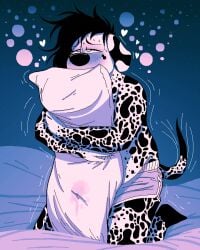 ambiguous_gender anthro bed black_fur black_nose blush canine cum cum_on_pillow dalmatian domestic_dog furry heart hearts hugging_pillow janet_(trashdalmatian) pillow shirtless shorts spotted_fur sweat tail trashdalmatian white_fur