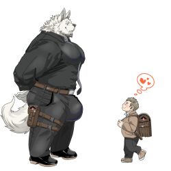 1:1 abs age_difference anthro backpack beard belt big_bulge big_muscles big_pecs bodyguard bottomwear bulge canid canine canis chan_kiti_chan_(artist) clothing duo eye_contact facial_hair footwear fur grey_hair hair heart hi_res human human_on_anthro interspecies jacket larger_anthro larger_male looking_at_another male male/male mammal muscular muscular_anthro muscular_male older_anthro older_male pants pecs platinum_blonde_hair president shoes size_difference smaller_human smaller_male suit topwear white_body white_fur wolf young younger_human younger_male