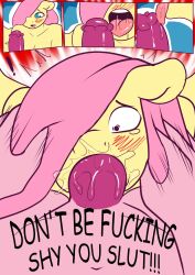 anthro blue_eyes blush comic deepthroat english_text fluttershy_(mlp) furry futanari head_grab horsecock horsecock_futanari licking_penis my_little_pony pink_hair pinkie_pie_(mlp) spunkubus straight_hair temptation