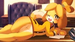 2020 :3 ancesra animal_crossing animal_ears animal_nose anthro arm_support bangs bell blonde_hair blurry blurry_background blush body_fur bottomless bright_pupils brown_hair buttons chair commentary corded_phone desk dog_ears dog_girl dog_tail english_commentary female flat_chest furry furry_female hair_bell hair_ornament hair_tie happy highres holding holding_pen indoors isabelle_(animal_crossing) jacket jingle_bell legs_together long_sleeves looking_at_viewer lying multicolored_hair neck_ribbon nintendo non-web_source oerba_yun_fang on_desk on_side one_eye_closed open_mouth paper parted_bangs pen phone pocket pussy red_ribbon ribbon shirt short_hair smile snout solo tail tongue topknot two-tone_fur two-tone_hair uncensored white_fur white_pupils white_shirt wide_hips yellow_eyes yellow_fur yellow_jacket