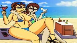 2d 2girls arm_around_neck arm_around_shoulders aygeex beach big_breasts bikini blue_bikini brown_hair chara drink female female_only frisk green_bikini human martini phone red_eyes smartphone sunglasses sunglasses_on_head undertale undertale_(series)